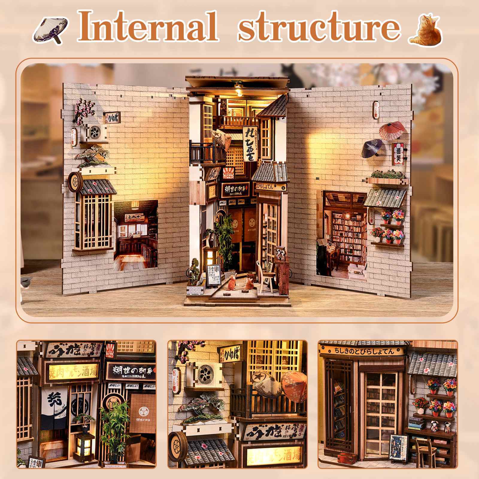 Internal structure display of DIY The Alley Waiting for the Cat book nook with detailed shop signs, cozy alley atmosphere, and miniature decorative elements