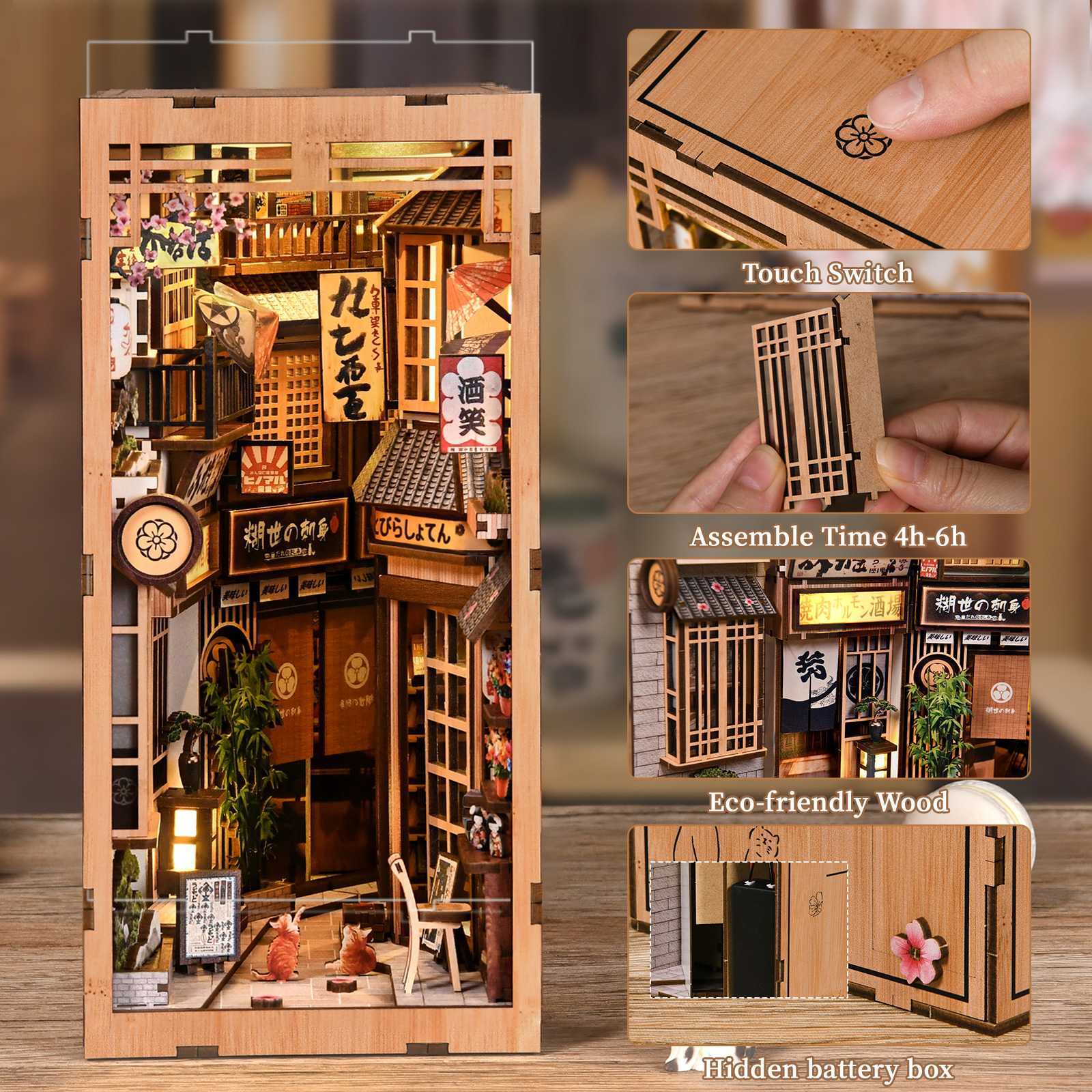 DIY Japanese alley book nook with touch switch lighting, hidden battery box, eco-friendly wooden structure, and detailed miniature storefront scenery
