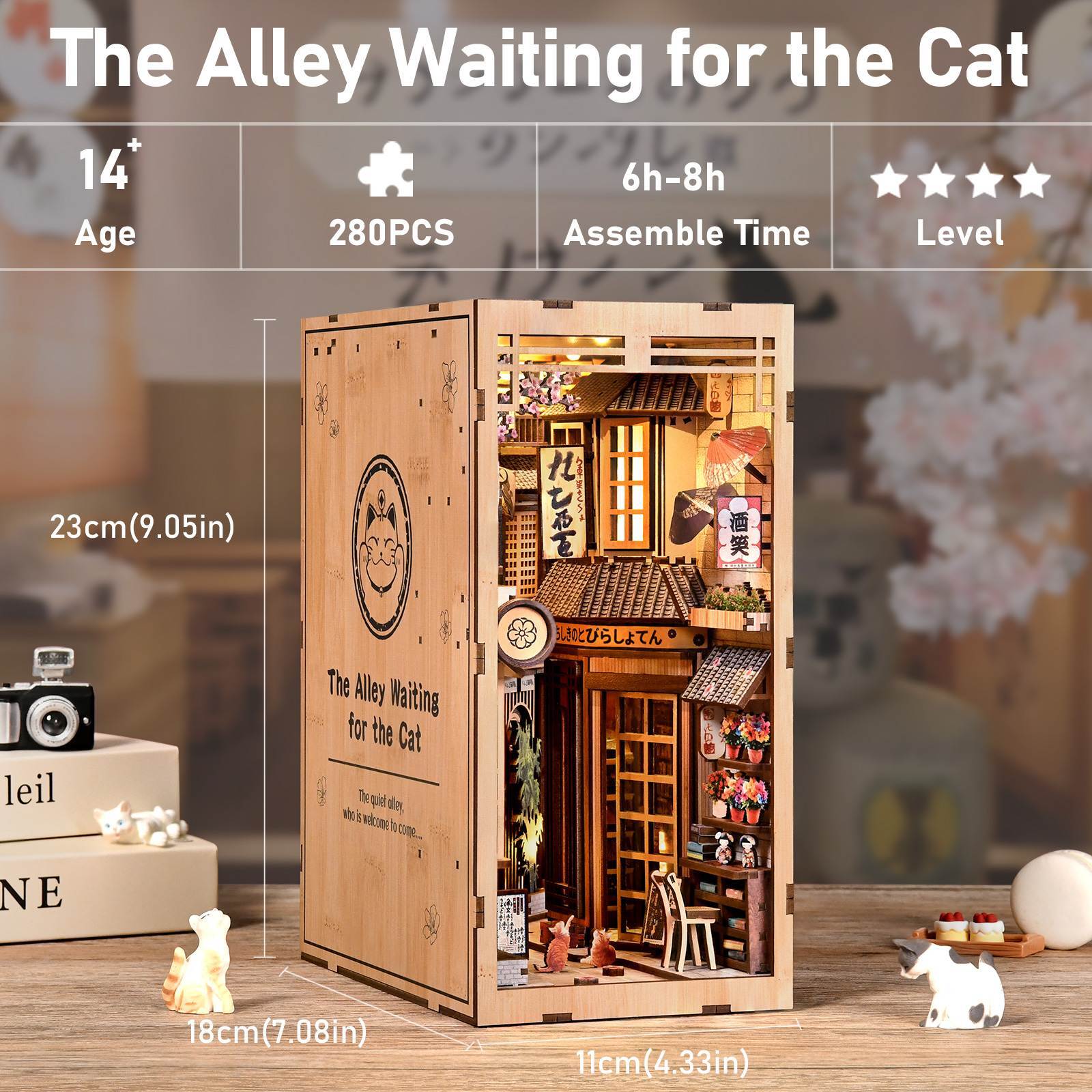 DIY The Alley Waiting for the Cat book nook kit with warm lighting, 280 pieces, layered Japanese alley details, and compact bookshelf display size