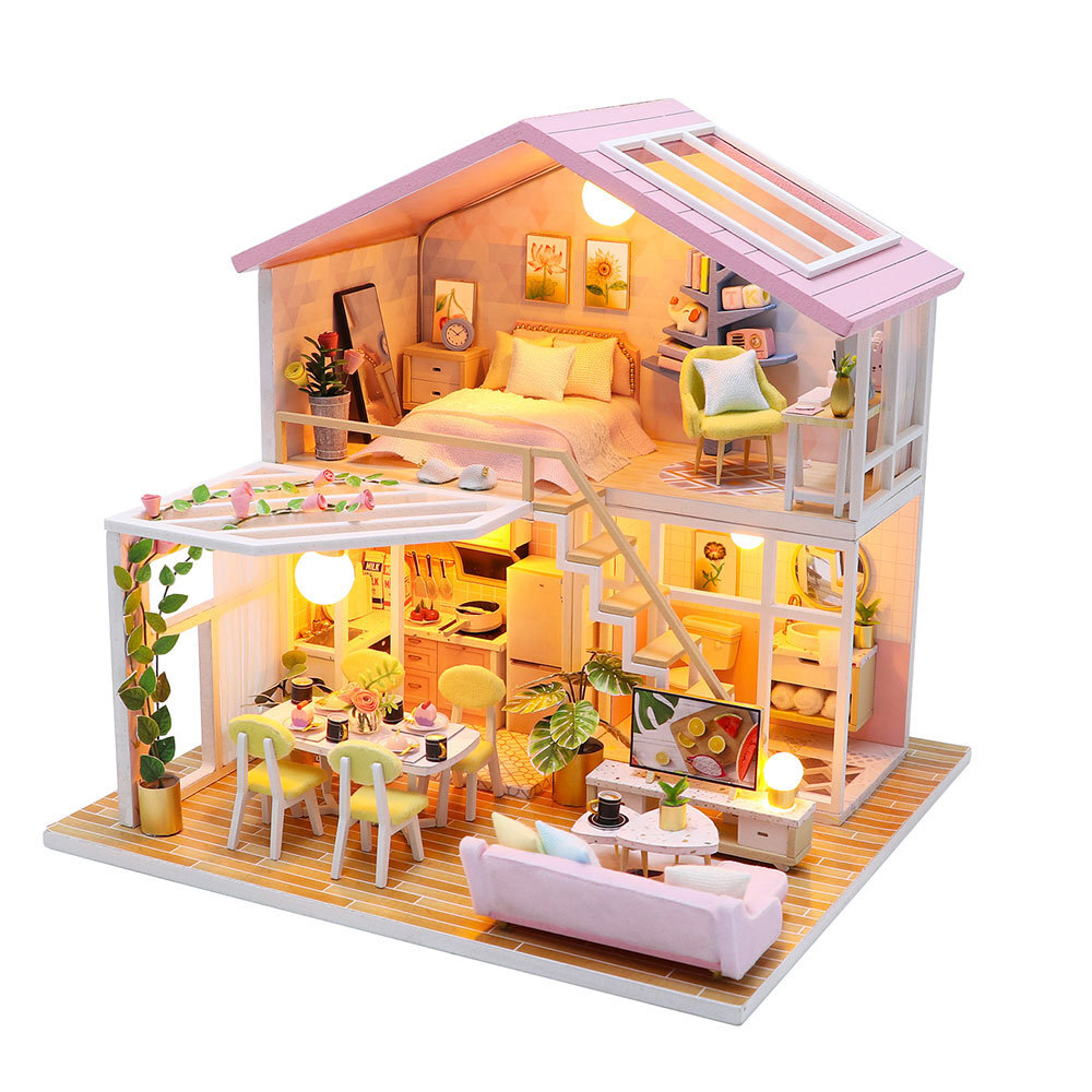 Hongda Sweet Time DIY miniature house featuring a two-story pastel interior, miniature furniture, soft lighting, dining area, bedroom, and cozy home decor display scene