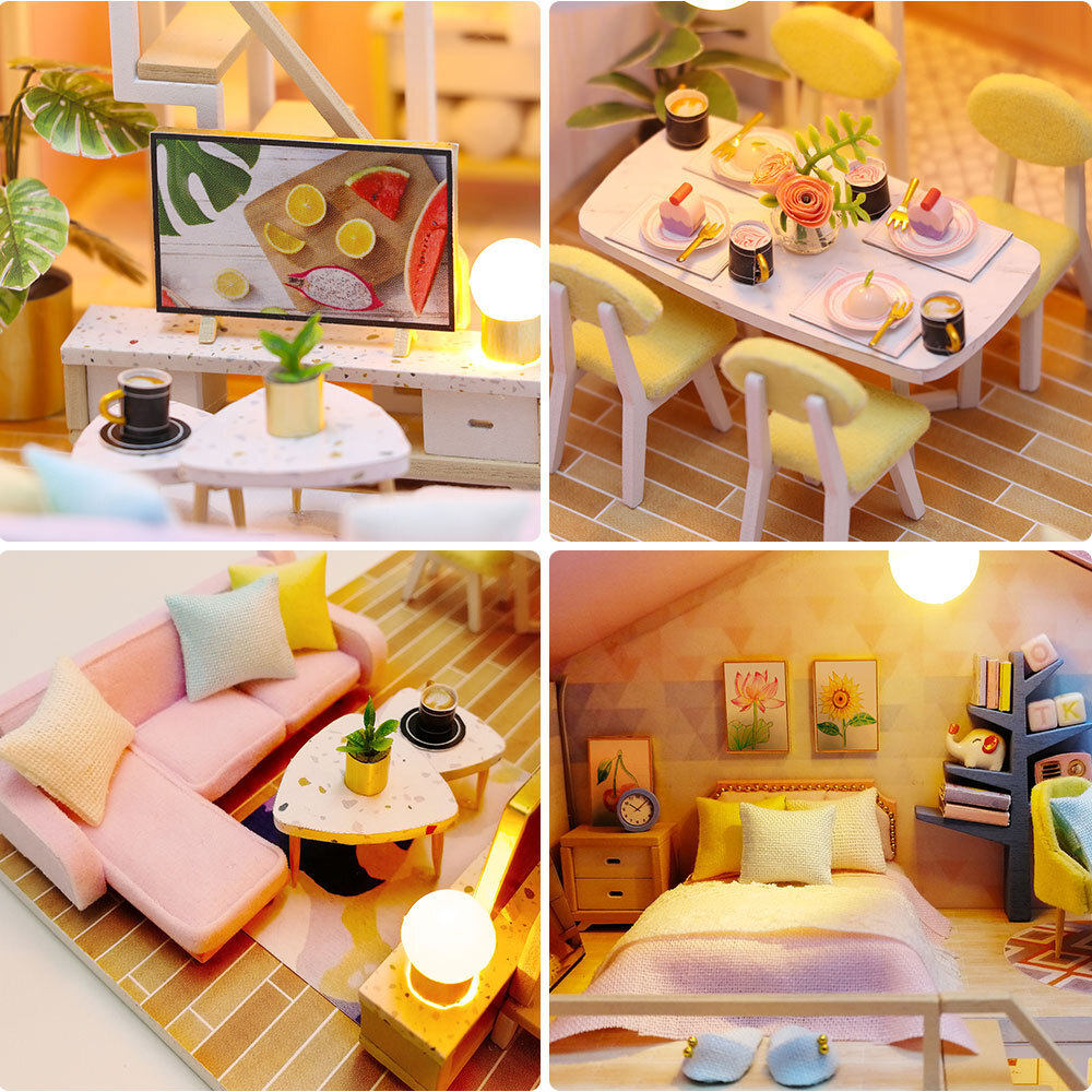 Close-up view of the Sweet Time DIY miniature house featuring detailed dining table settings, pastel sofa, cozy bedroom decor, and warm ambient LED lighting