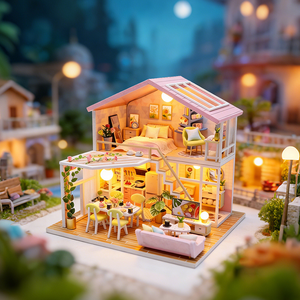 Warmly lit DIY miniature dollhouse scene with detailed bedroom, dining area, pastel furniture, and relaxing miniature home display surrounded by decorative scenery