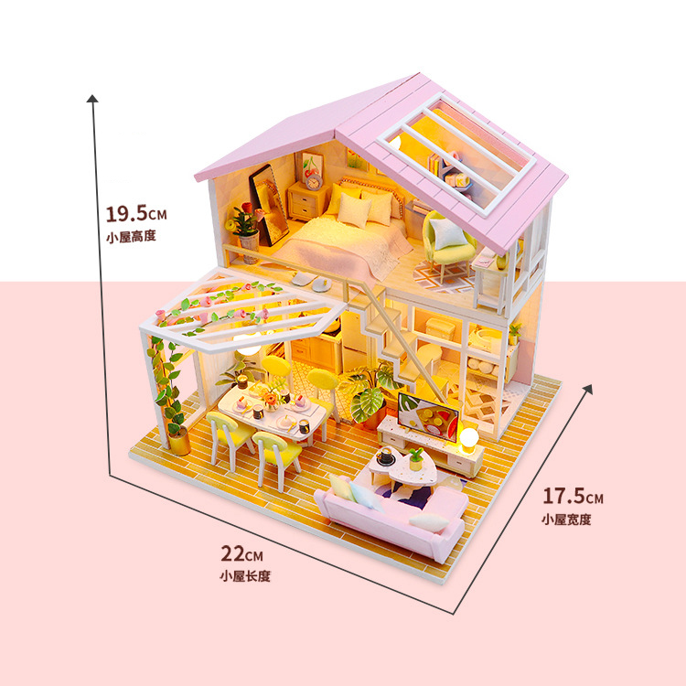 Sweet Time DIY miniature house size reference showing detailed two-story layout, miniature furniture, warm lighting, and compact display dimensions for desk or shelf decor