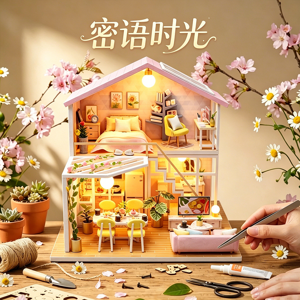 Cozy DIY miniature house kit with warm LED lighting, pastel furniture, detailed bedroom and living spaces, and relaxing handmade dollhouse atmosphere
