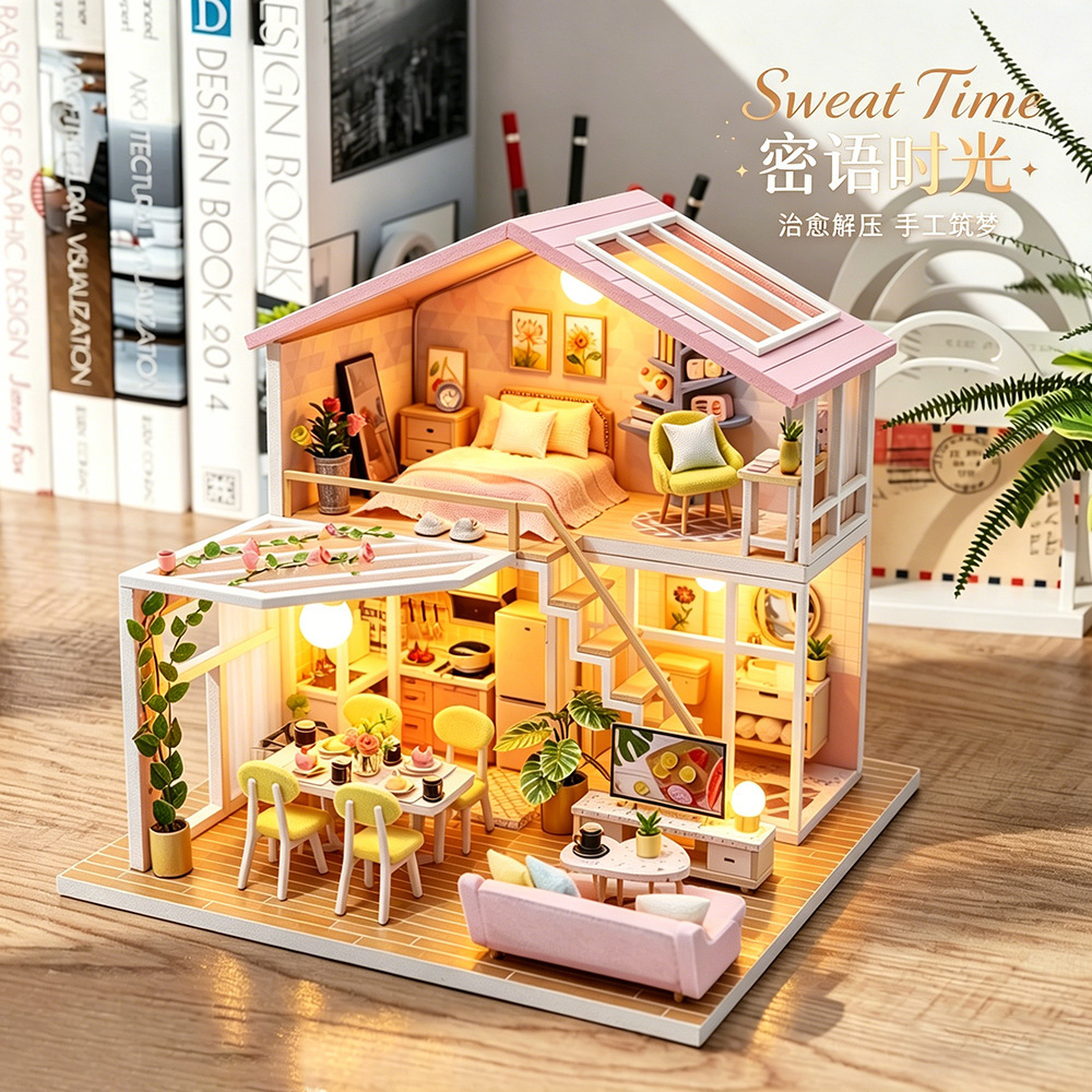 Hongda Sweet Time DIY miniature house displayed on a desk with soft lighting, pastel interiors, miniature furniture, and a cozy handcrafted home atmosphere