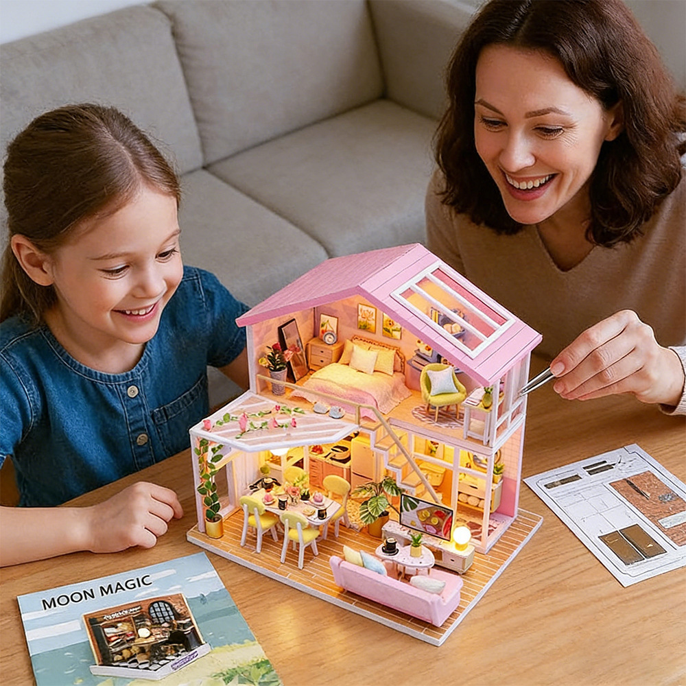 DIY miniature house kit with warm LED lighting and detailed pastel interiors, creating a cozy hands-on crafting and display experience for home decor enthusiasts