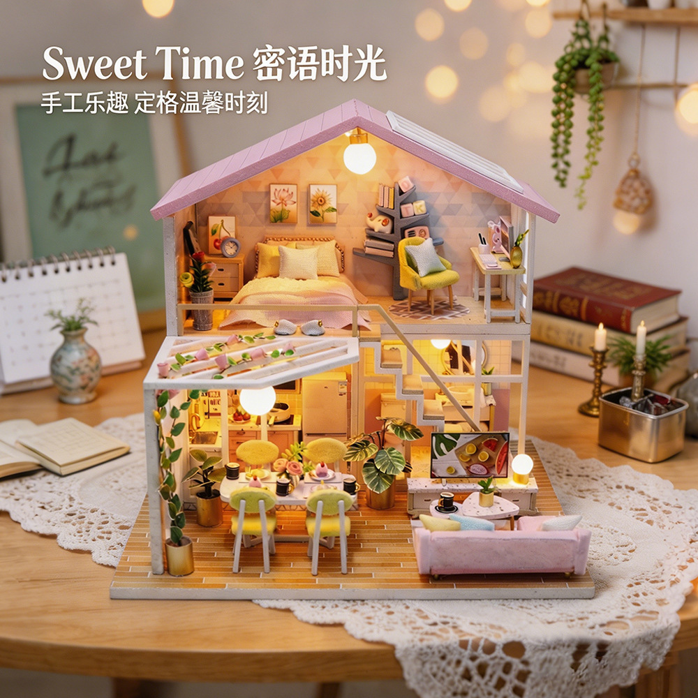 Hongda Sweet Time DIY miniature house displayed with warm ambient lighting, detailed furniture, pastel bedroom decor, and a relaxing handcrafted dollhouse atmosphere
