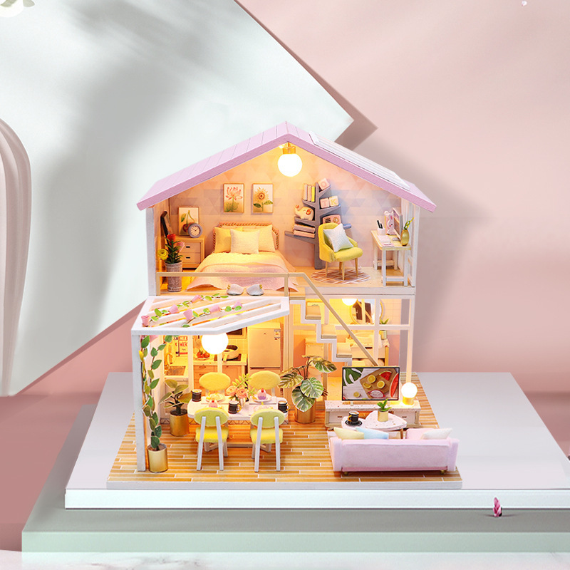Cozy two-story DIY miniature house with pastel furniture, glowing LED lights, detailed living spaces, and elegant handcrafted home decor styling