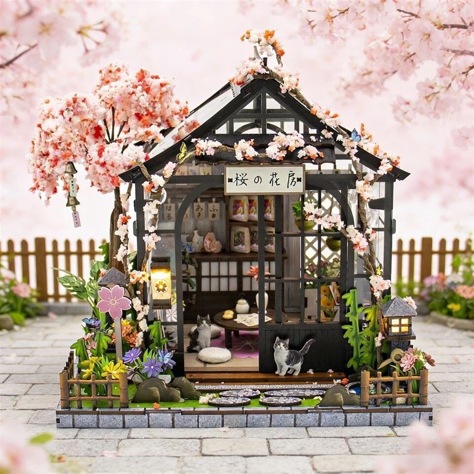 Spring Sakura Greenhouse DIY miniature house with cherry blossom trees, Japanese-style greenhouse design, glowing lanterns, and detailed garden pathway display