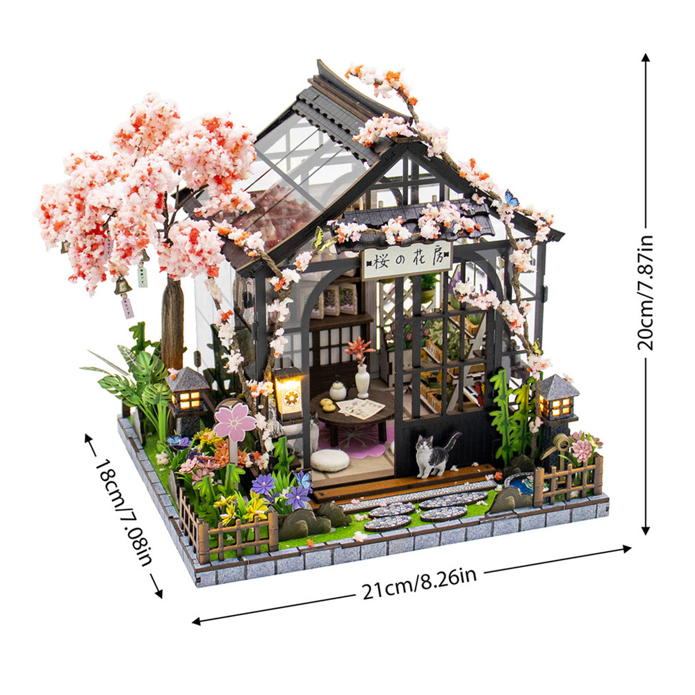 Spring Sakura Greenhouse DIY miniature house size reference showing detailed Japanese-style greenhouse design with cherry blossom decorations and LED lighting