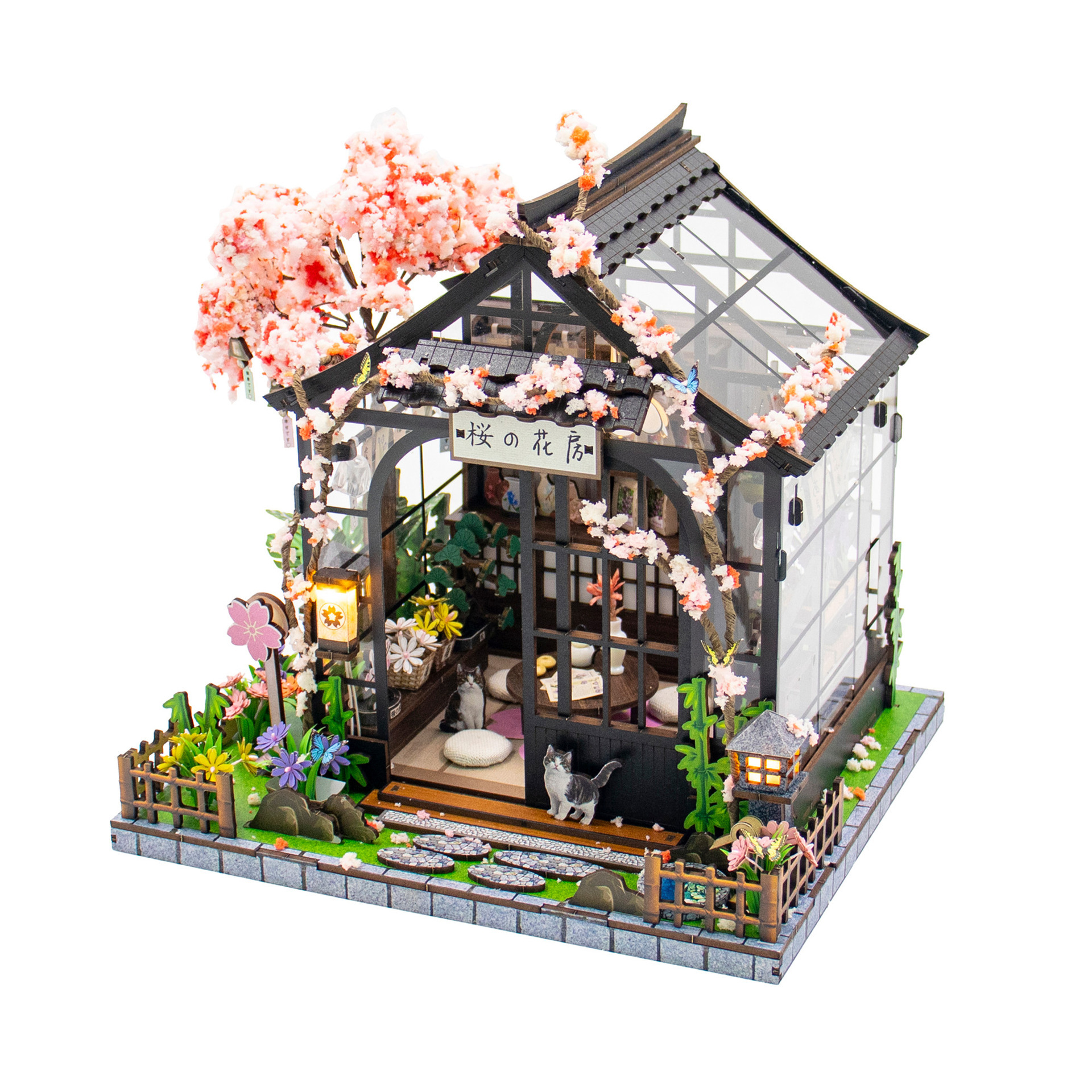 Hongda Spring Sakura Greenhouse DIY miniature house kit with cherry blossom decor, cozy indoor scene, wooden fencing, and relaxing tabletop display design