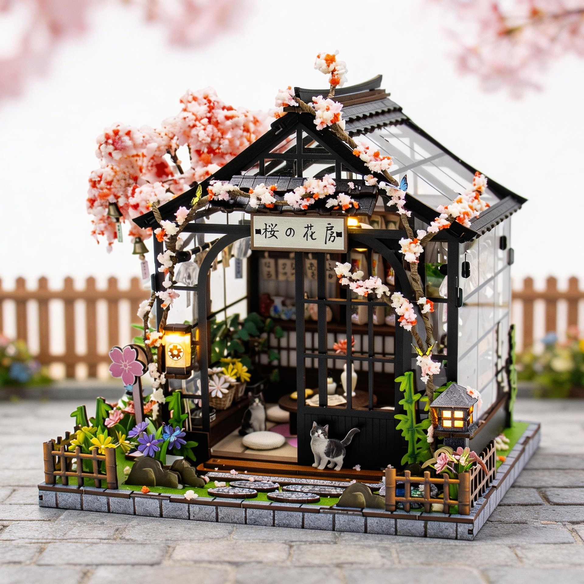 Hongda Spring Sakura Greenhouse DIY miniature house with cherry blossom trees, transparent greenhouse panels, glowing lanterns, and cozy tabletop garden scenery