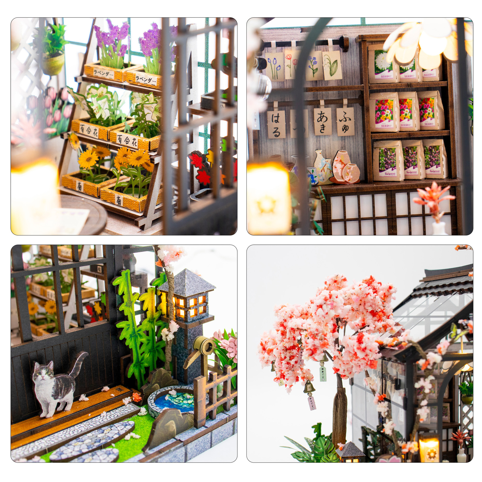 Close-up of miniature greenhouse interior with flower shelves, seed packets, wooden decor, warm lighting, and detailed Japanese-style garden accessories