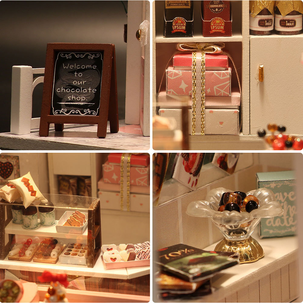 Close-up view of miniature chocolate shop details featuring dessert displays, gift boxes, chocolate treats, and decorative café accessories with warm ambient lighting