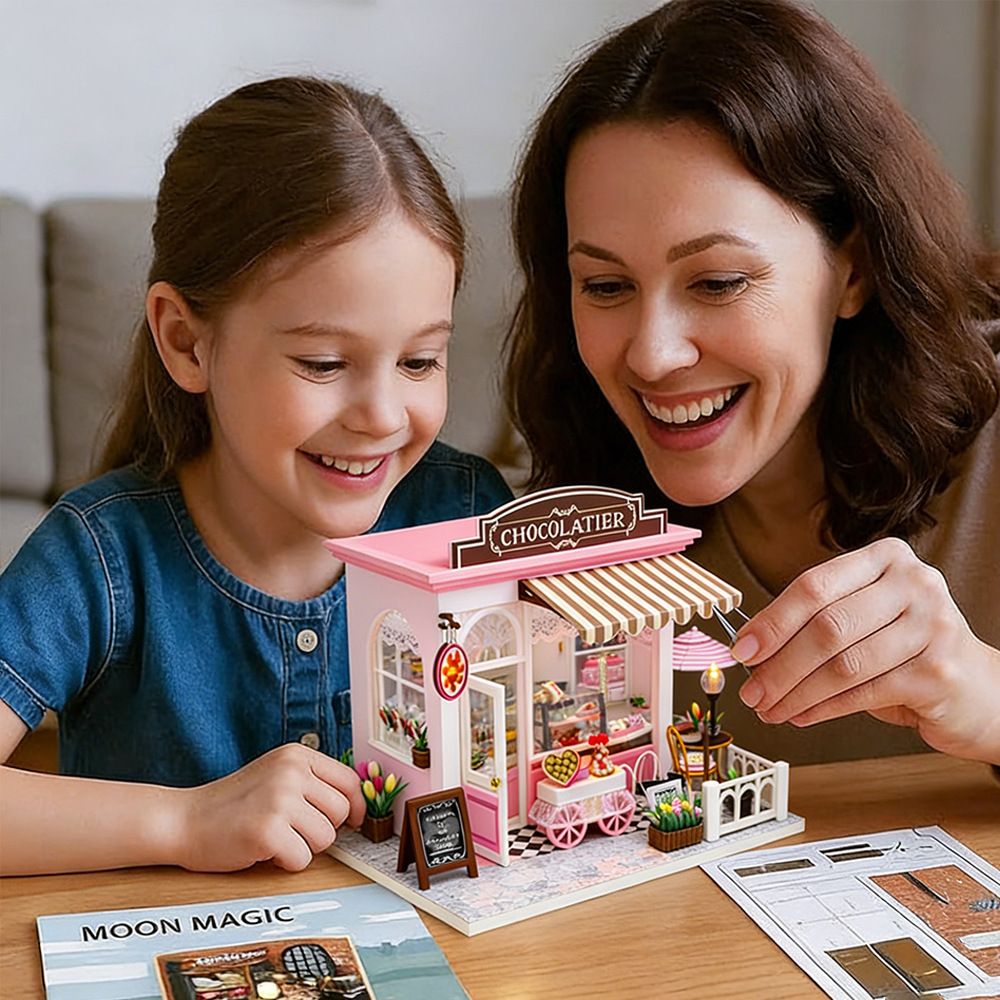 Handmade miniature chocolate boutique DIY house kit with glowing LED lighting, detailed shop interior, and relaxing craft experience for collectors and home decor