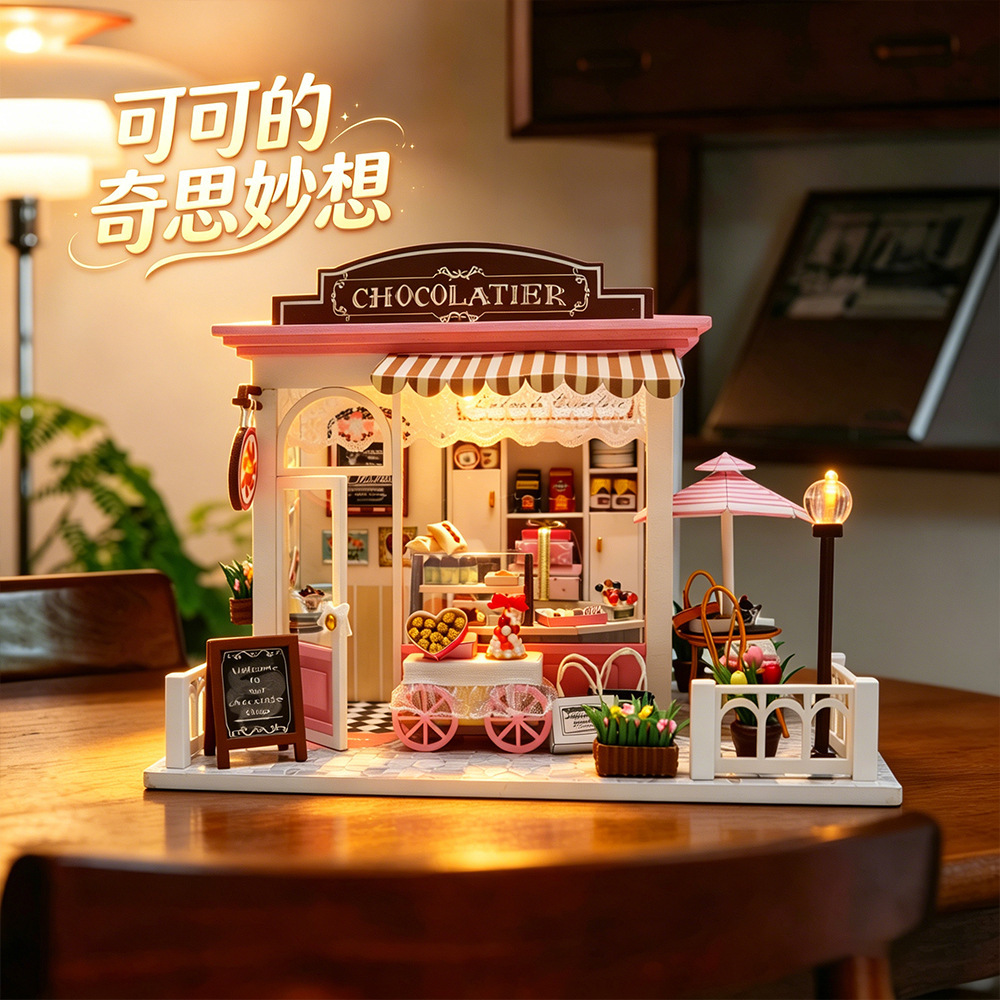 Cozy DIY miniature chocolate shop with glowing LED lighting, pastel storefront details, dessert displays, and relaxing café atmosphere for shelf decor and collection display