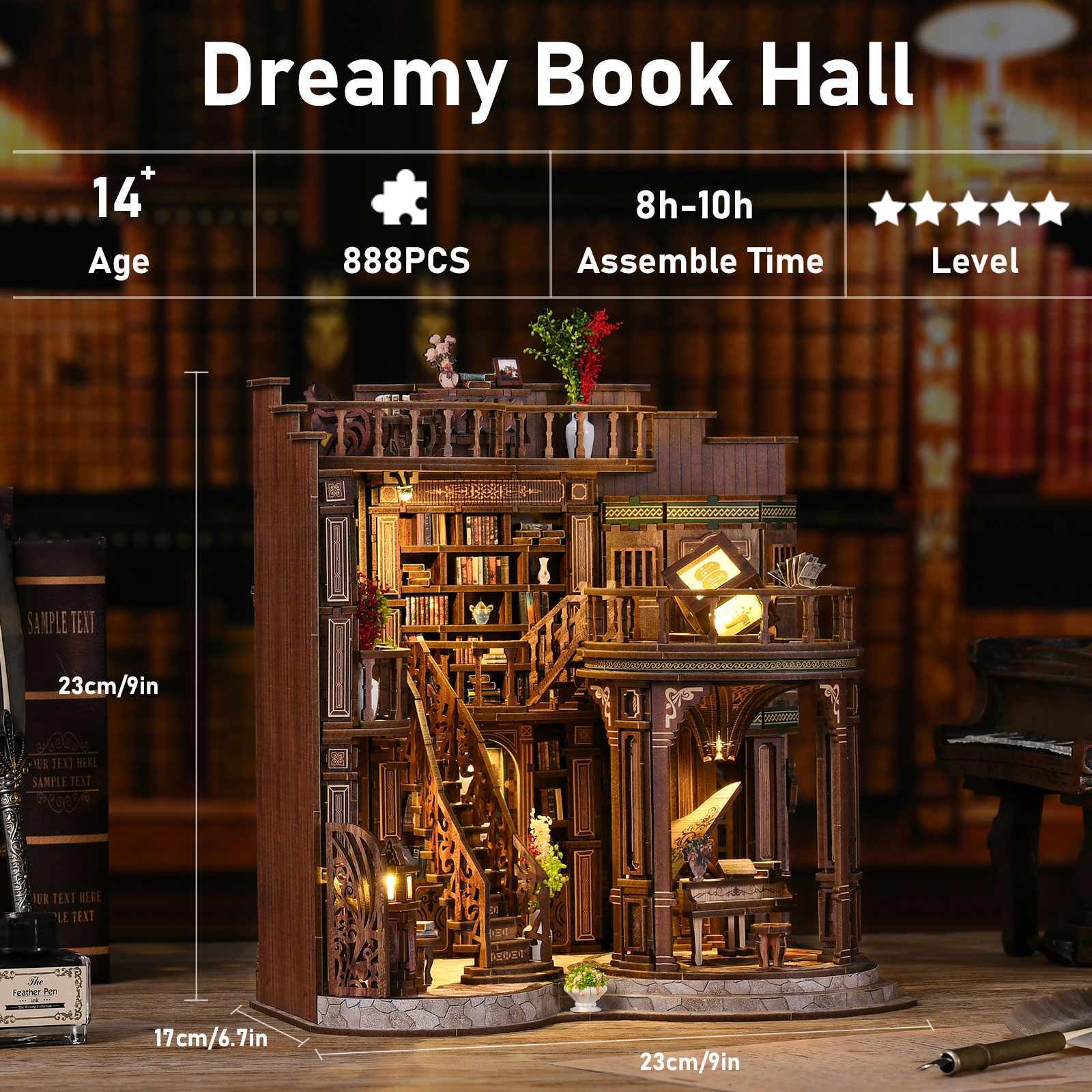 Dreamy Book Hall DIY miniature house with illuminated library interior, multi-level bookshelves, spiral staircases, and detailed vintage reading room design