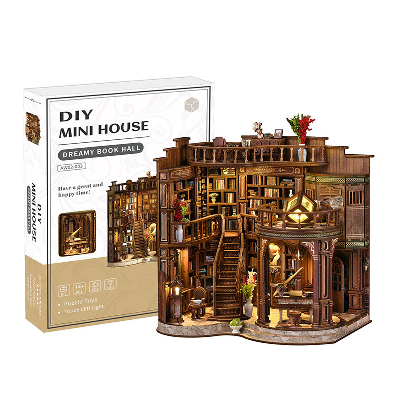Xinyue Dreamy Book Hall DIY miniature house kit with packaging box, warm illuminated library interior, detailed staircases, and decorative bookshelf scene