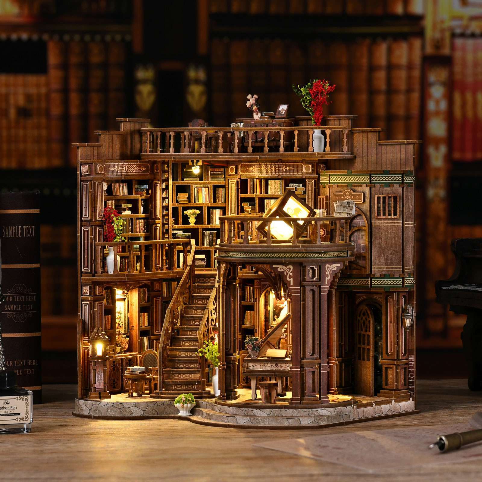 Vintage library DIY miniature house with warm LED lighting, curved staircases, layered bookshelves, and detailed wooden interior display scene