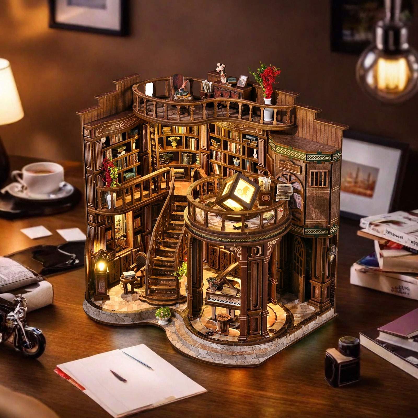 Xinyue Dreamy Book Hall DIY miniature house kit displayed on a desk with glowing ambient lighting, intricate library details, and classic reading hall atmosphere
