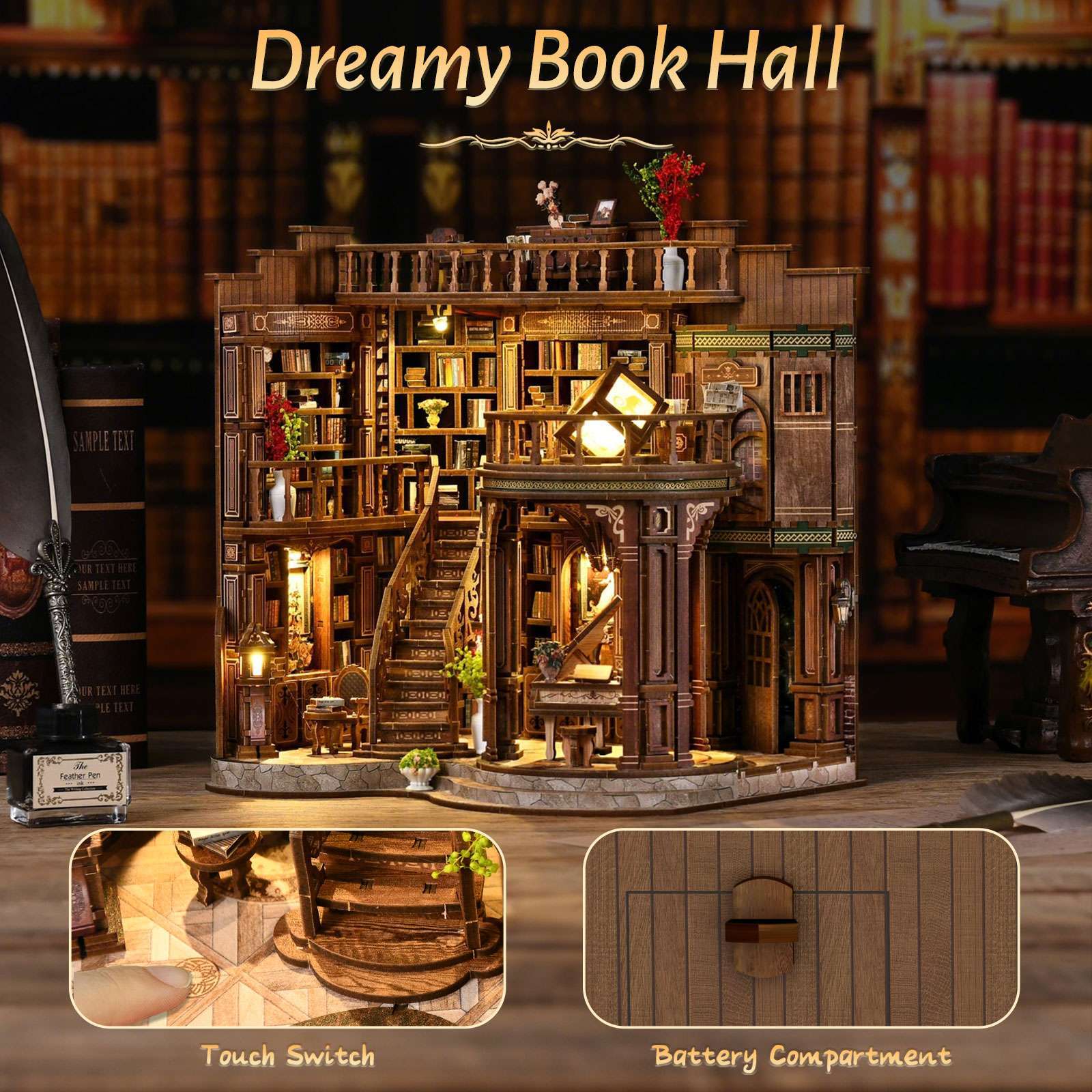 Xinyue Dreamy Book Hall DIY miniature house featuring warm ambient lighting, touch switch control, battery compartment, and intricate library scene details