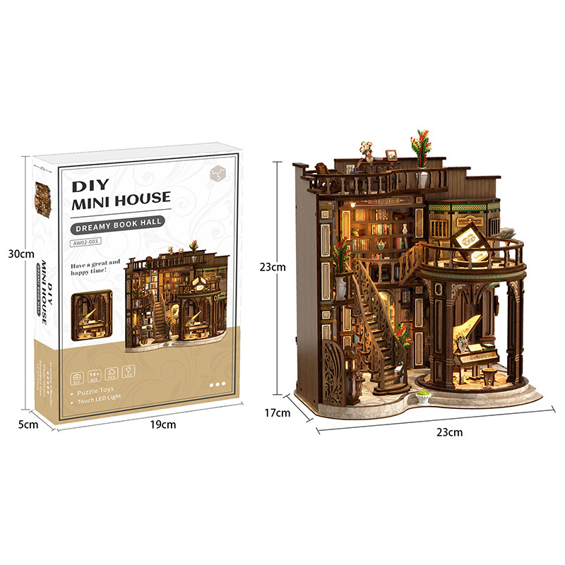 Dreamy Book Hall DIY miniature house kit with packaging box, assembled size display, warm LED lighting, and detailed wooden library interior scene