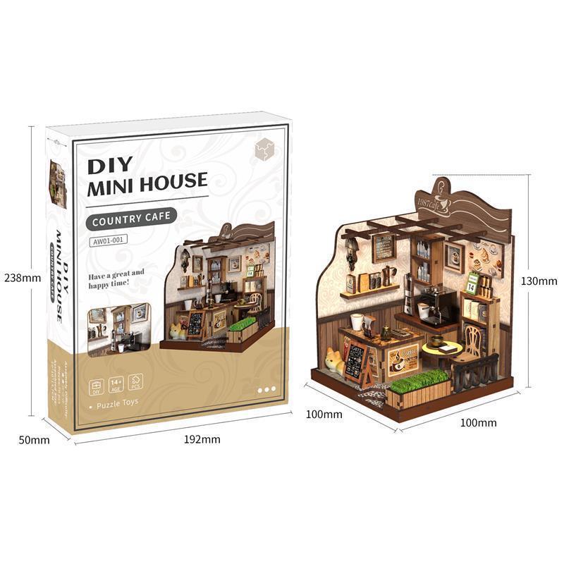 Xinyue Country Cafe DIY Miniature House Kit with product box and finished model size reference, featuring compact cafe scene design for tabletop display and home decor