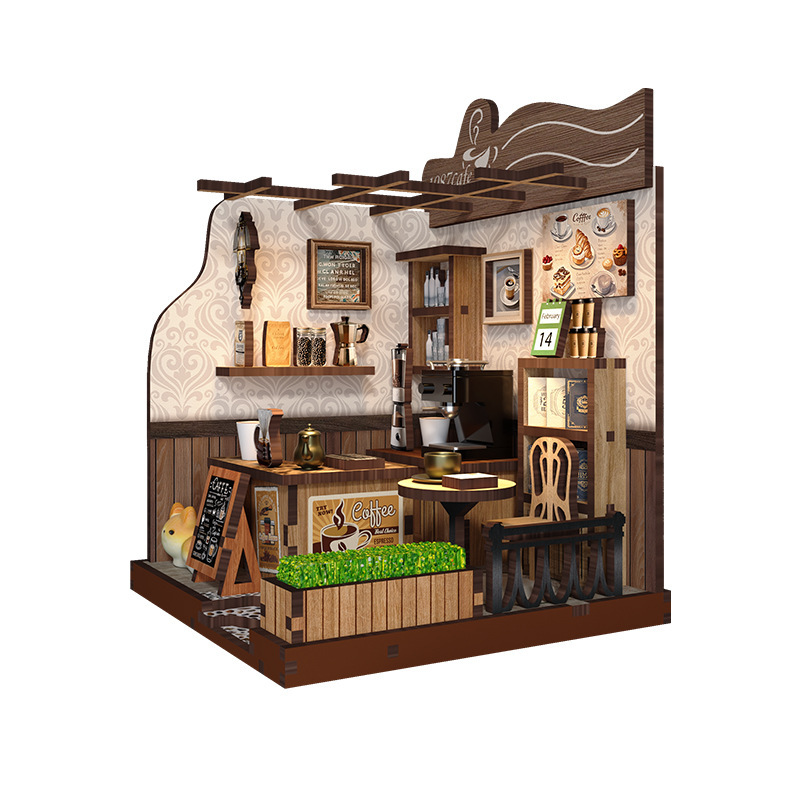 Xinyue Country Cafe DIY Miniature House Kit featuring realistic cafe decor, miniature shelves, coffee accessories, wooden table set, and warm coffee shop display scene