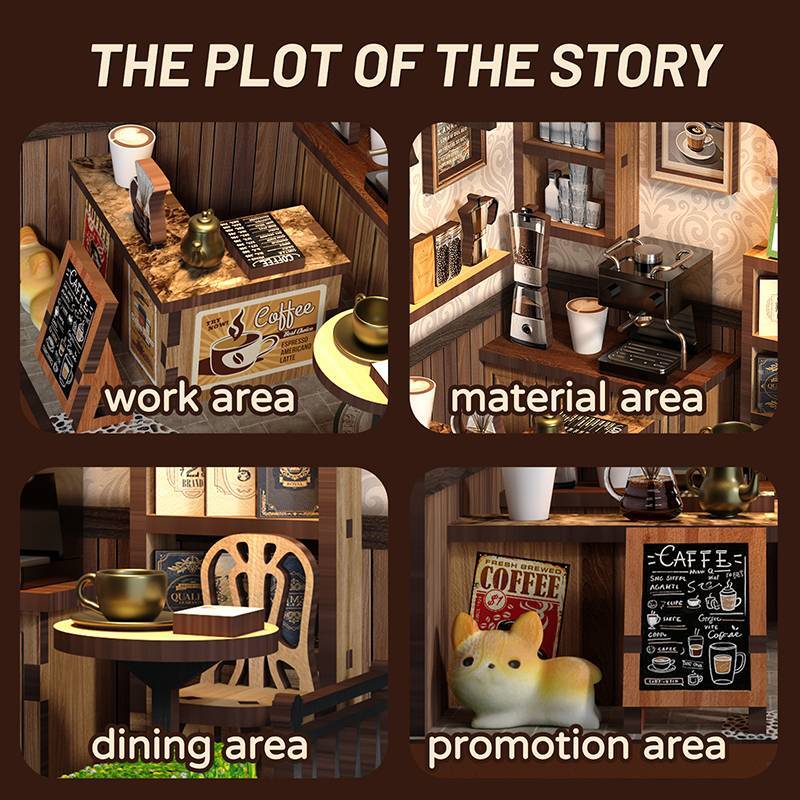 Xinyue Country Cafe DIY Miniature House Kit featuring realistic coffee shop scenes with miniature coffee counter, dining corner, cafe equipment, menu boards, and cozy cafe atmosphere