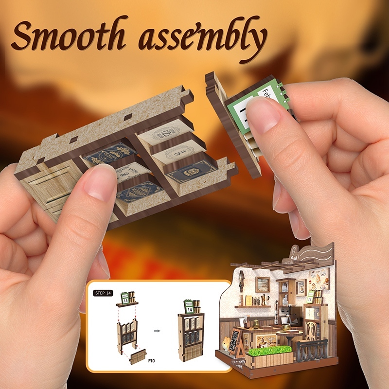 Xinyue Country Cafe DIY Miniature House Kit showing smooth assembly process with detailed wooden shelf components, miniature cafe accessories, and hands-on DIY crafting experience