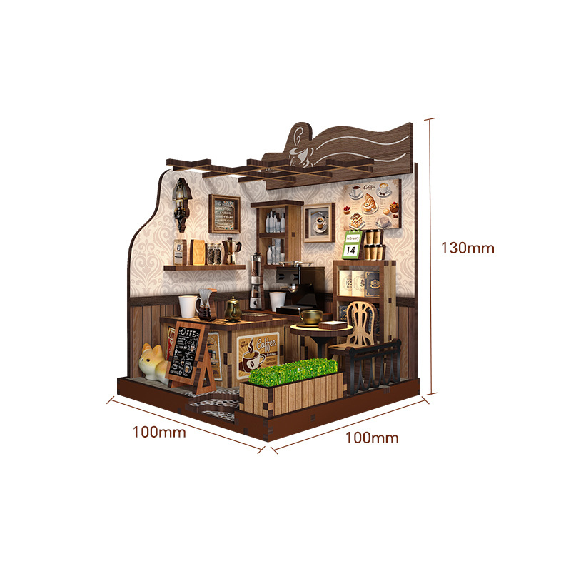 Xinyue Country Cafe DIY Miniature House Kit dimensions display showing compact wooden coffee shop layout with realistic miniature furniture, cafe accessories, and decorative display design