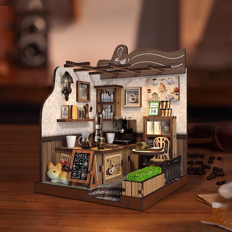 Xinyue Country Cafe DIY Miniature House Kit with detailed coffee shop interior, wooden furniture, miniature coffee machine, cafe menu board, and cozy countryside cafe atmosphere
