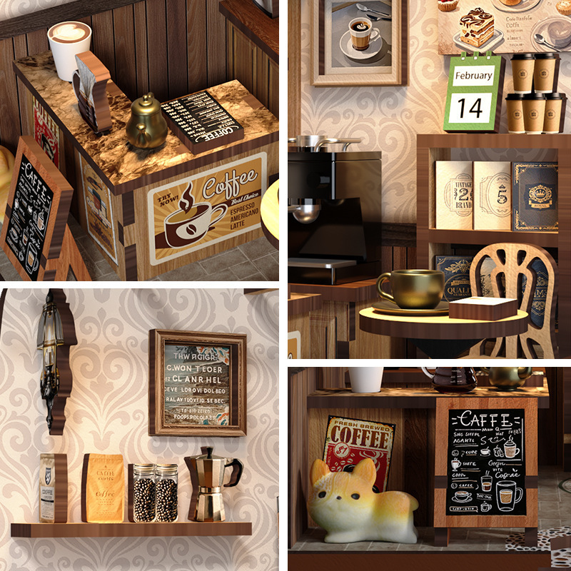Close-up details of the Xinyue Country Cafe DIY Miniature House Kit featuring miniature coffee counter, cafe menu boards, wooden shelves, coffee accessories, and cozy cafe decorations