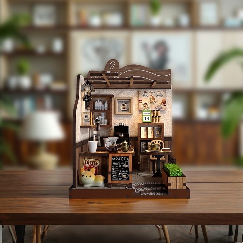 Xinyue Country Cafe DIY Miniature House Kit displayed on a tabletop with realistic cafe interior details, miniature coffee equipment, warm wooden decor, and relaxing coffee shop atmosphere