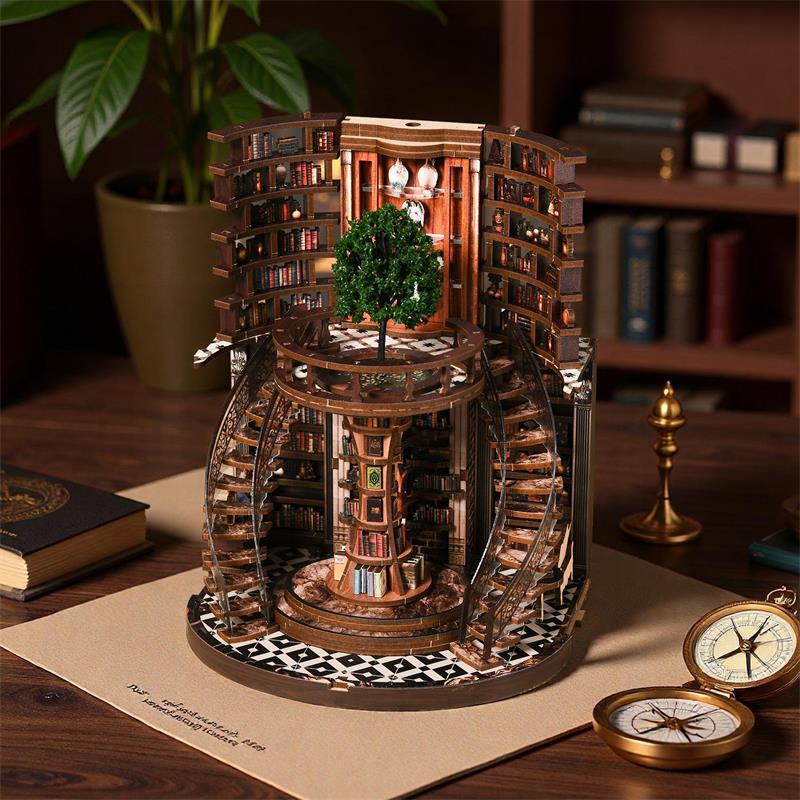 Xinyue Wisdom Rings Book Repository DIY book nook displayed on a desk with layered bookshelves, spiral staircases, and warm ambient lighting