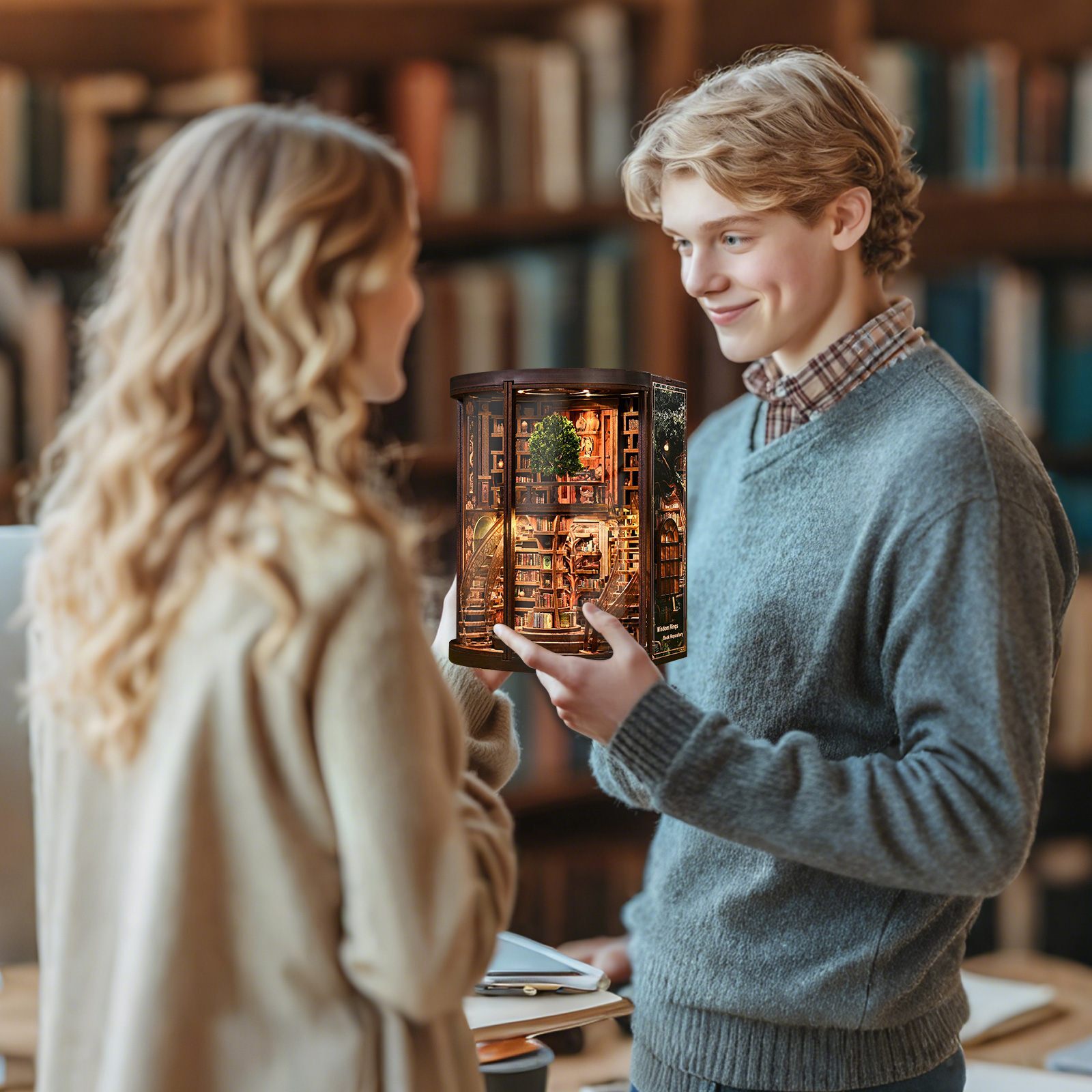 Fantasy library DIY book nook gift display featuring illuminated bookshelf details, vintage reading room atmosphere, and decorative home decor scene