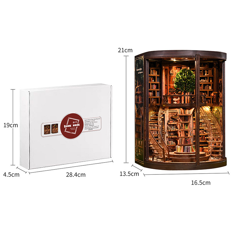 Fantasy miniature library book nook size display with product dimensions, packaging box, and illuminated bookshelf scene