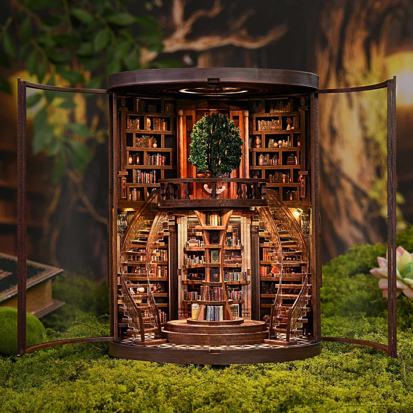Fantasy library DIY book nook with opening doors, curved staircases, tree centerpiece, and detailed bookshelf interior