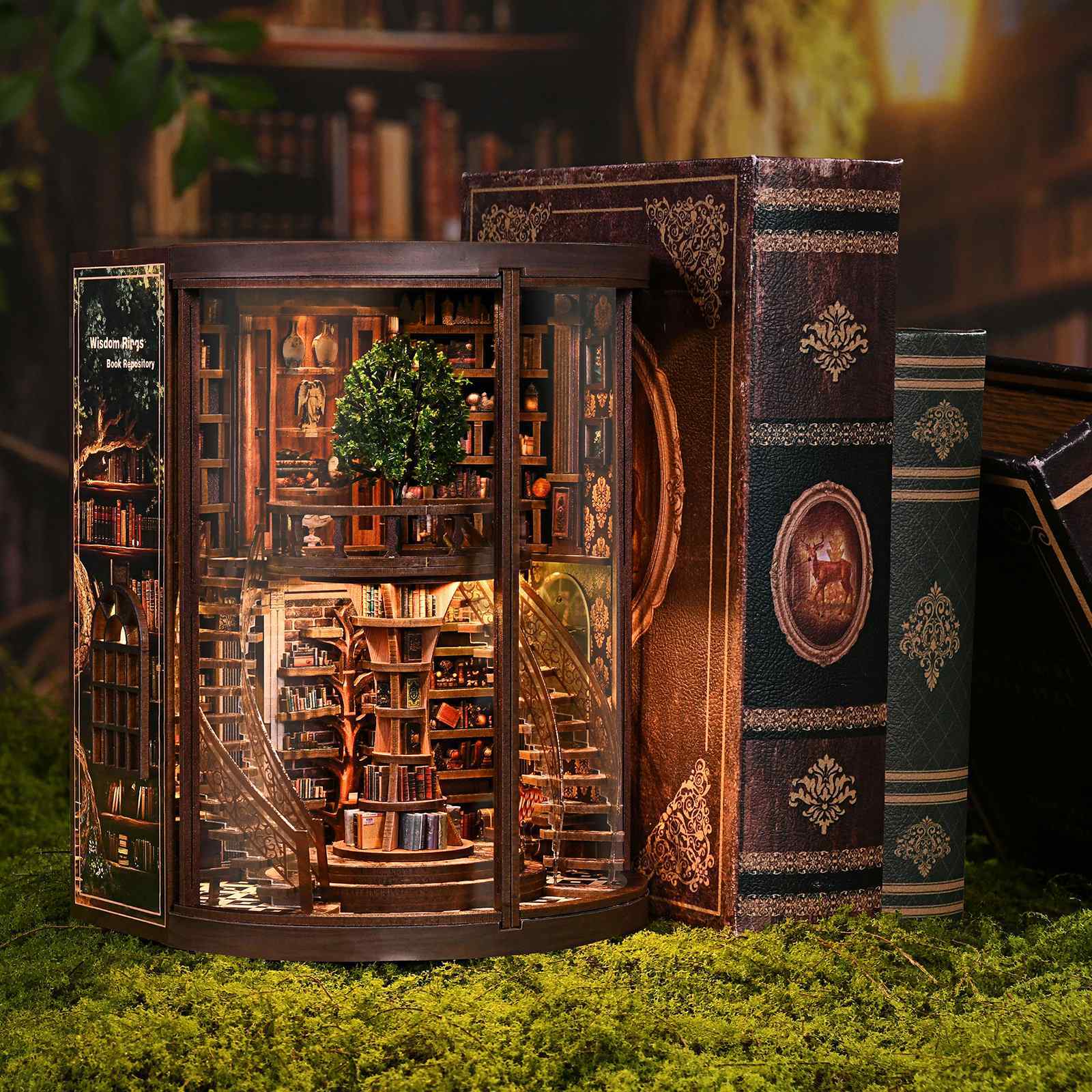 Xinyue Wisdom Rings Book Repository miniature bookshelf scene displayed beside classic books with cozy ambient lighting