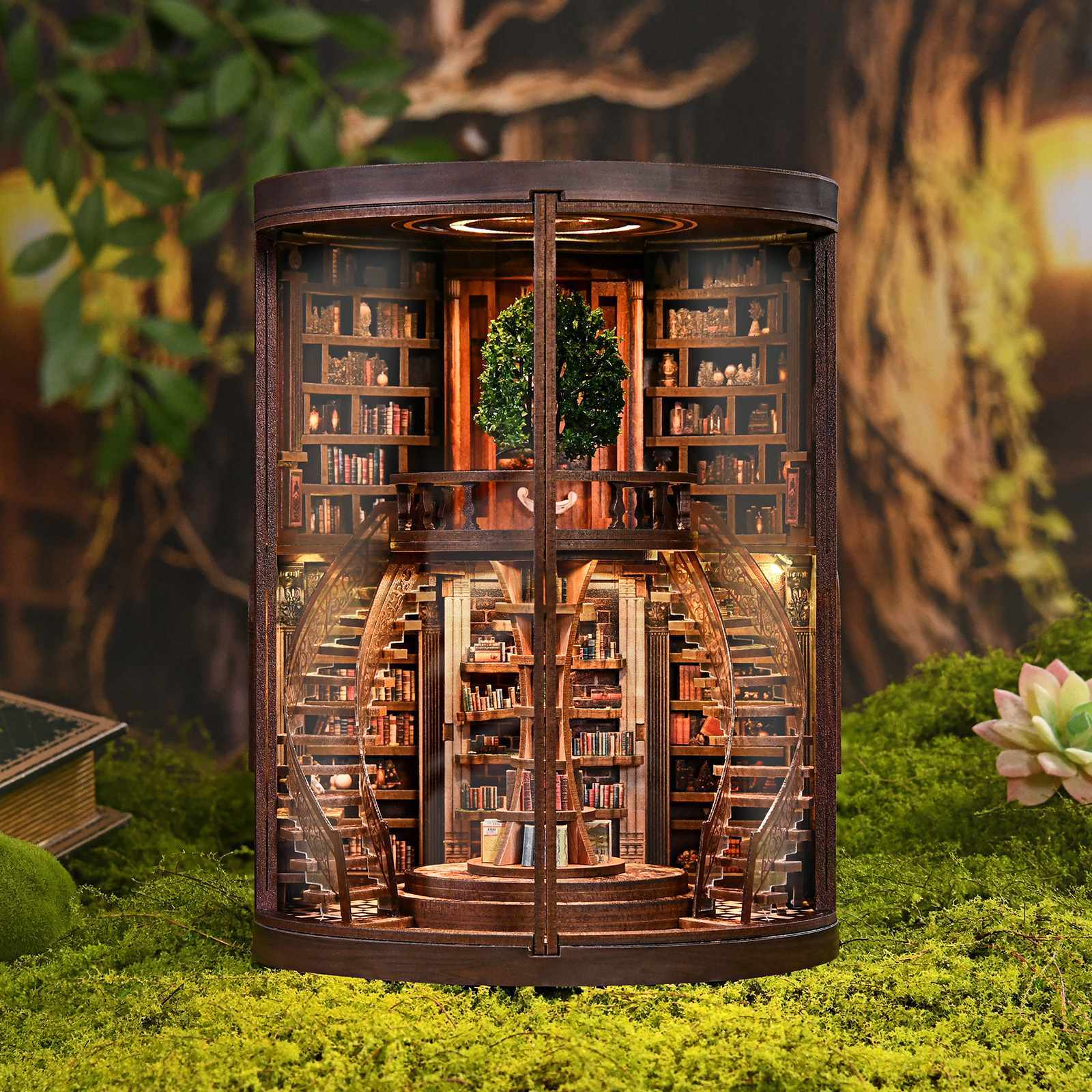 Xinyue Wisdom Rings Book Repository DIY Book Nook Kit with warm lighting and layered vintage library shelves