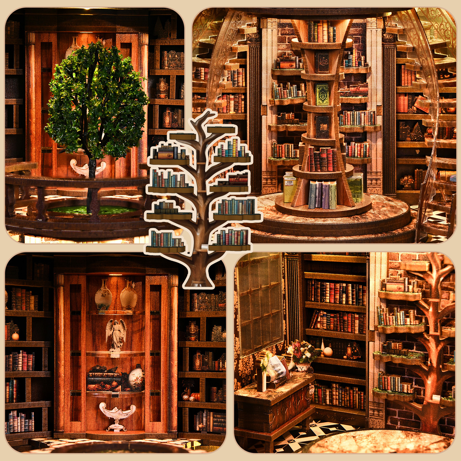 Detailed fantasy library DIY book nook interior featuring tree-shaped bookshelves, warm lighting, and vintage reading room decor