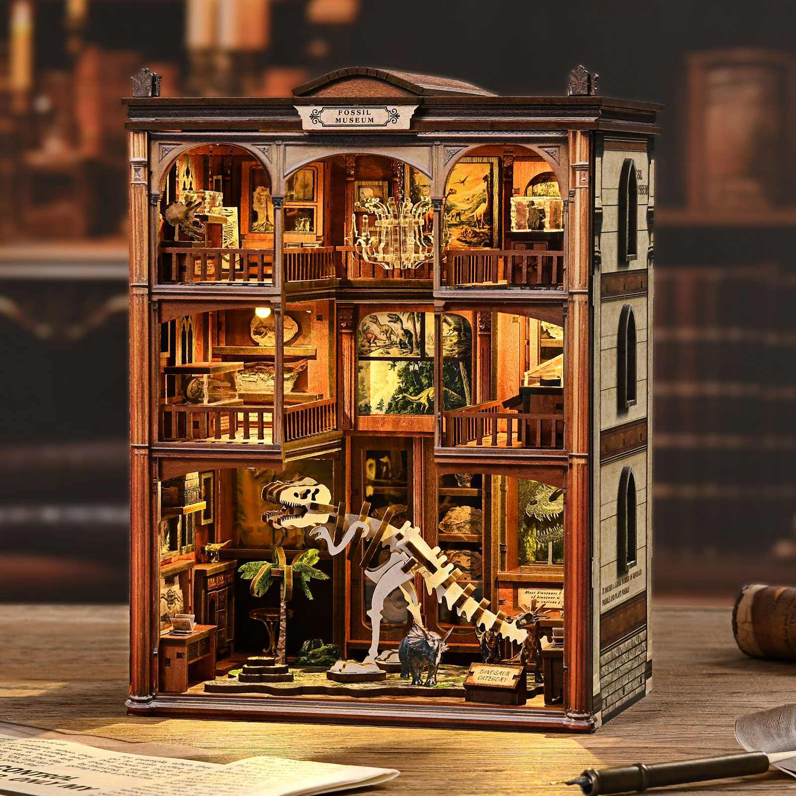 Fossil Museum DIY book nook miniature with dinosaur skeleton display, multi-level museum interior, warm ambient lighting, and vintage wooden architecture
