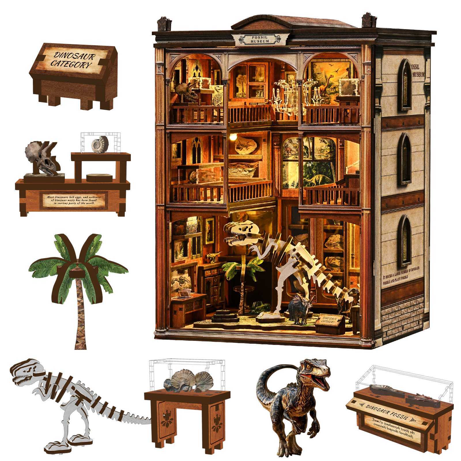 Fossil Museum DIY book nook with miniature dinosaur exhibits, fossil displays, palm tree decor, and detailed museum accessories