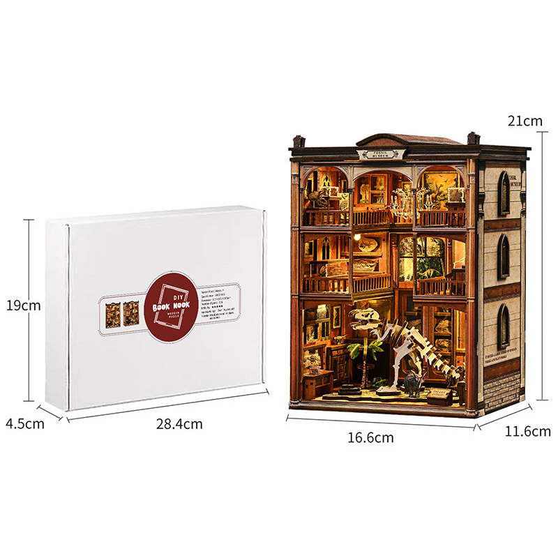 Fossil Museum DIY book nook size comparison with product dimensions and packaging box display