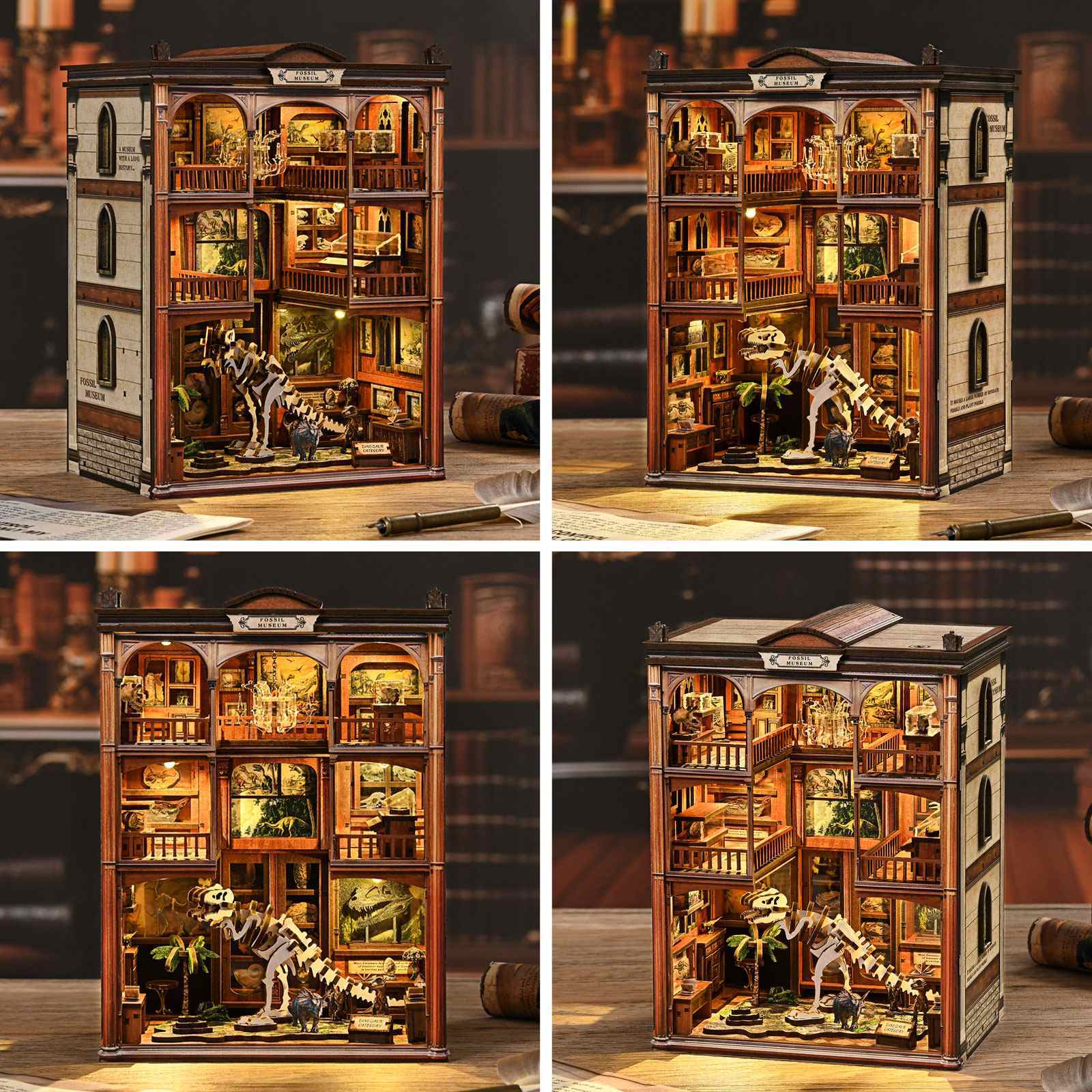Fossil Museum DIY book nook shown from multiple angles with layered museum floors, dinosaur skeleton centerpiece, and warm vintage lighting