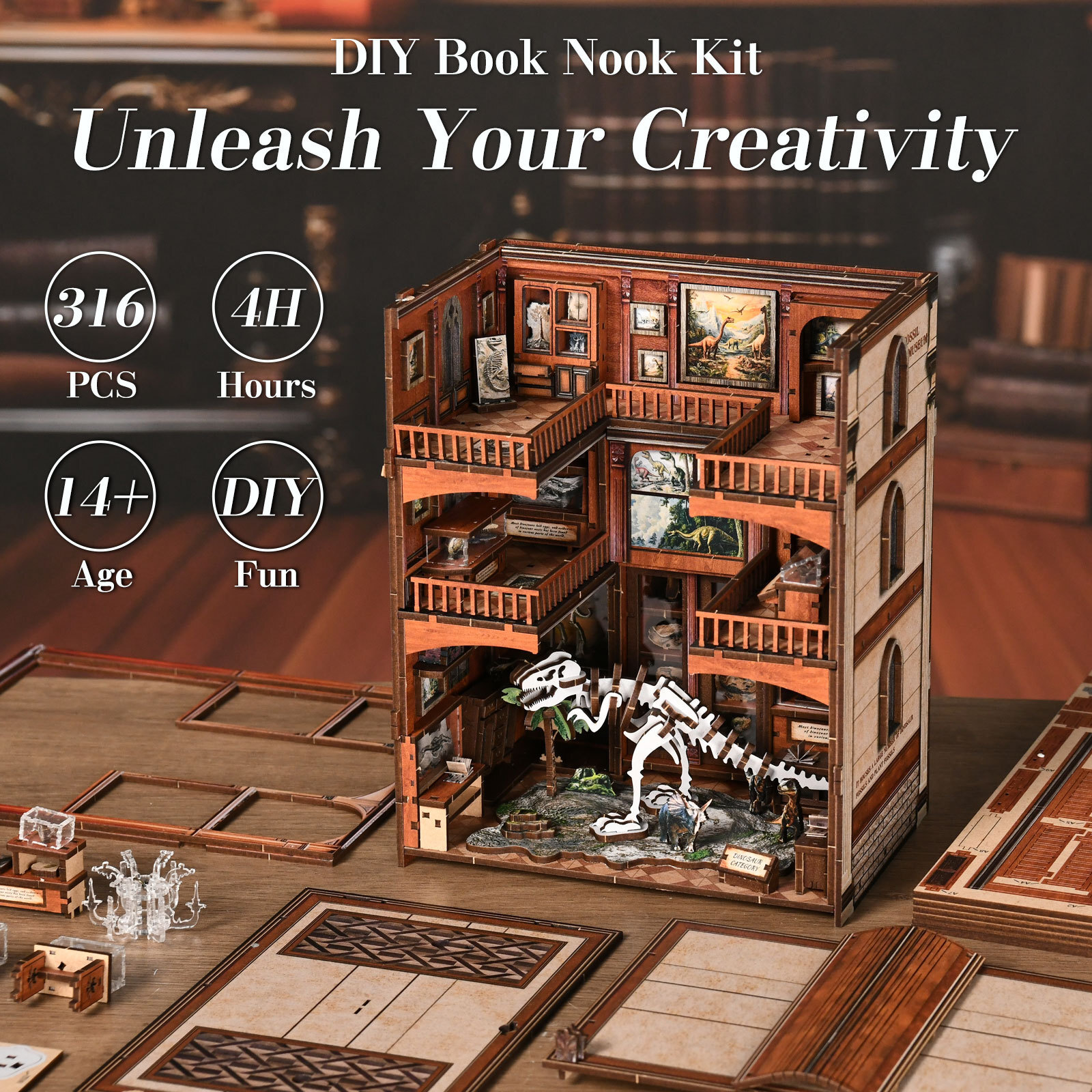 Fossil Museum DIY book nook assembly scene with wooden parts, miniature museum structure, and dinosaur-themed details during building process