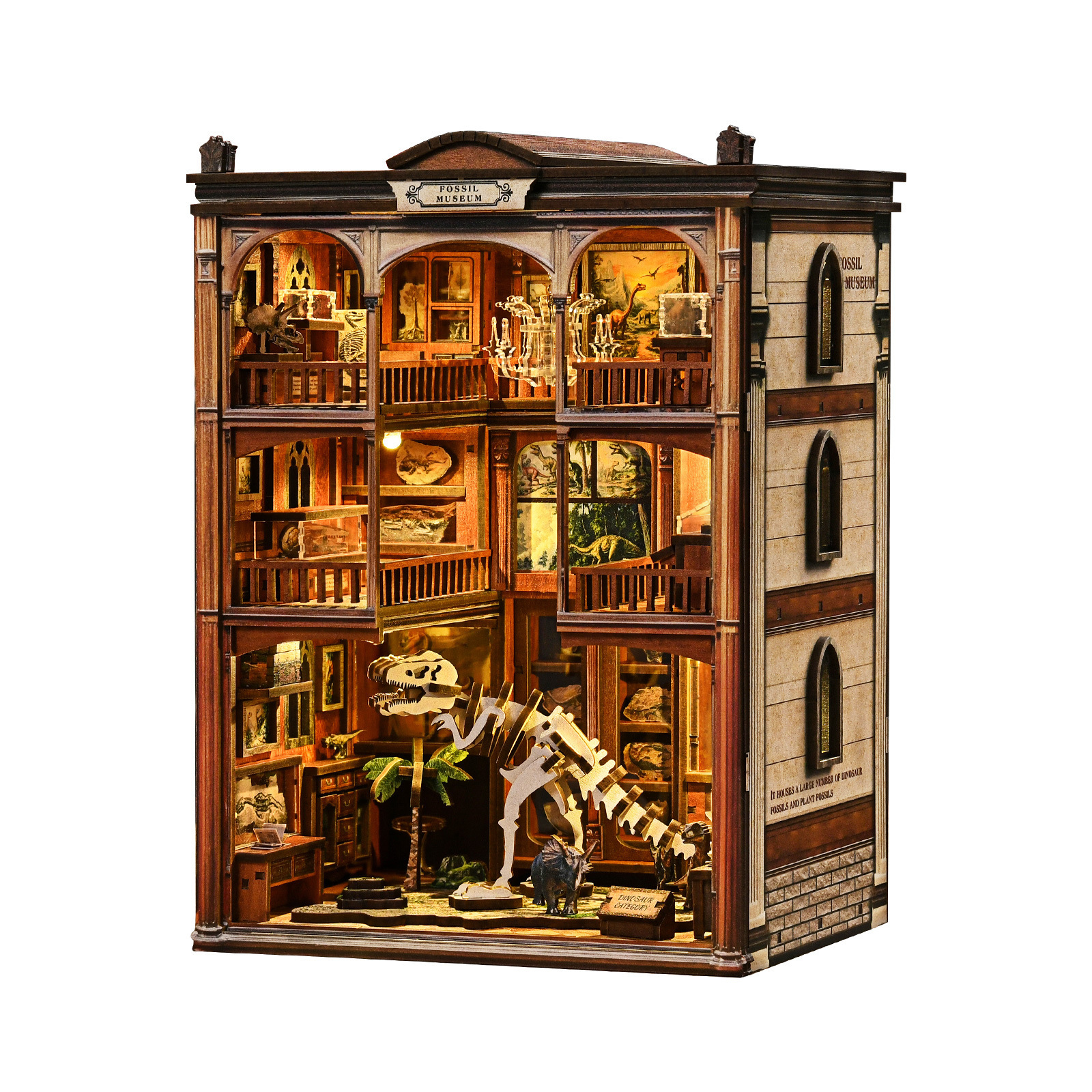 Detailed Fossil Museum DIY miniature scene with layered exhibition halls, dinosaur displays, wooden balconies, and illuminated museum-inspired interior design
