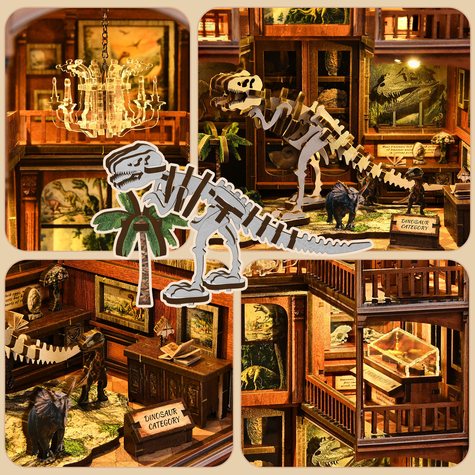 Close-up details of the Fossil Museum miniature scene featuring dinosaur displays, museum exhibits, chandelier lighting, and intricate prehistoric decor
