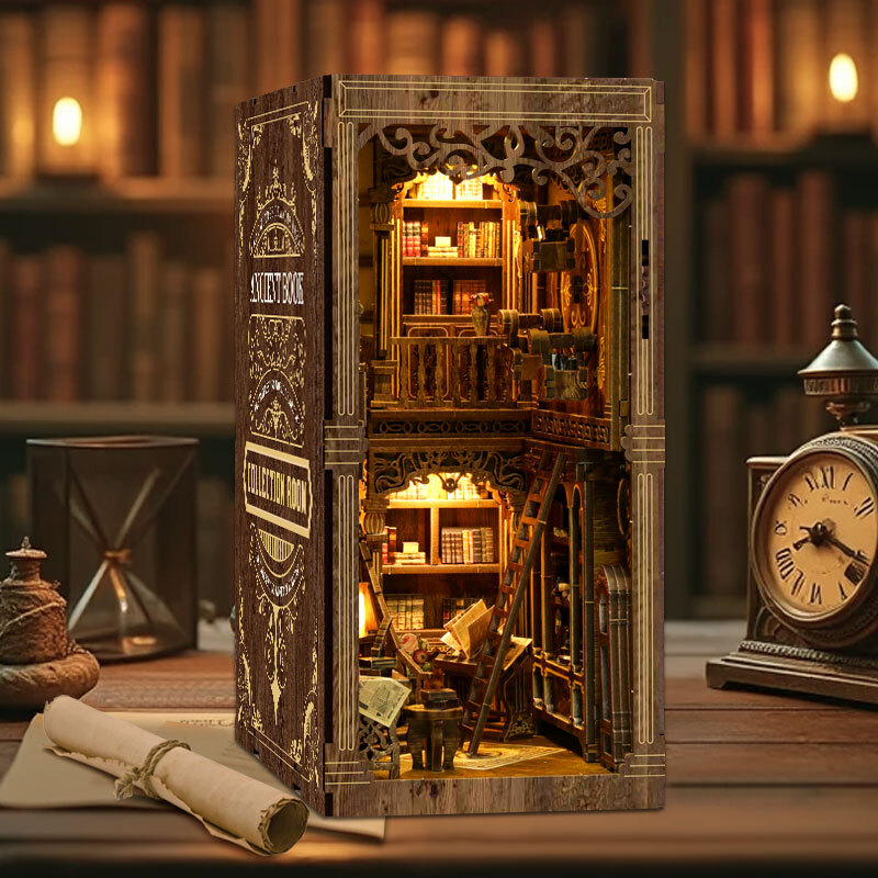 Xinyue Ancient Book Collection Room DIY book nook with glowing miniature library interior, ornate wooden patterns, cozy reading atmosphere, and bookshelf display decor