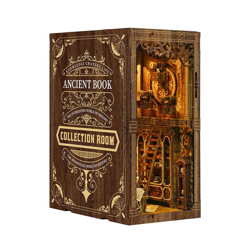 Xinyue Ancient Book Collection Room DIY book nook featuring ornate wooden details, glowing interior lighting, layered library shelves, and vintage miniature study decor